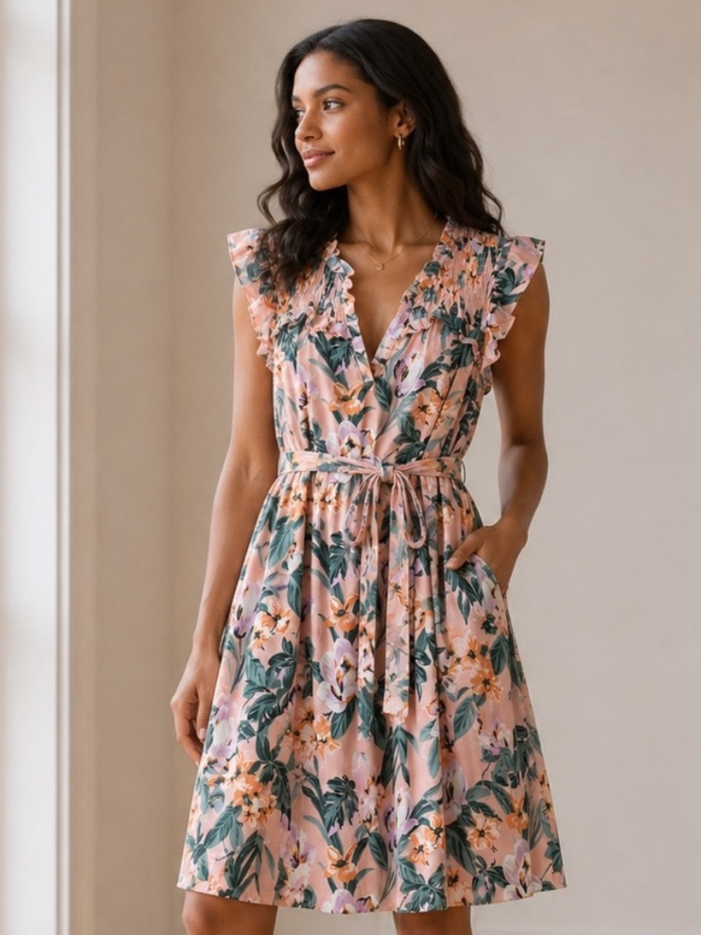 LOFT Pink Floral Tie-Waist Mini Dress